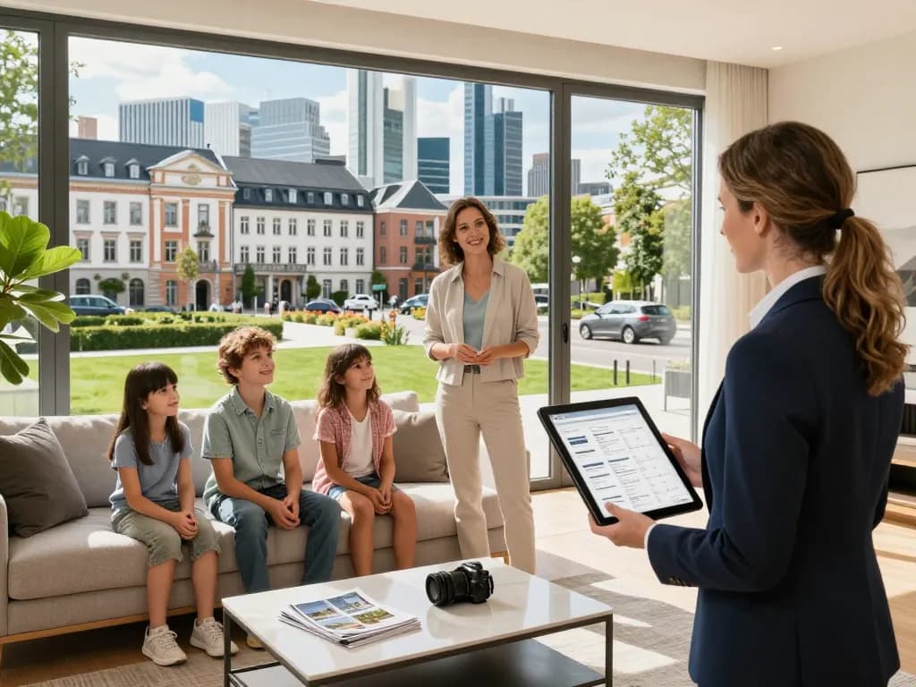 Immobilienmakler Frankfurt Dornbusch präsentiert eine Immobilie während einer Familienbesichtigung in einem einladenden städtischen Umfeld.