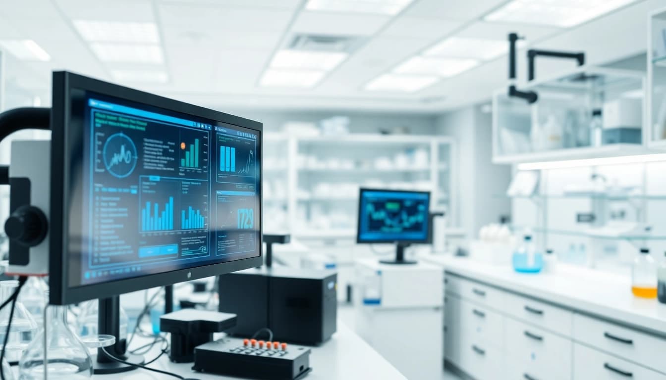 Digitale Loesungen in einem modernen Labor mit fortschrittlicher Technologie und digitalen Schnittstellen.
