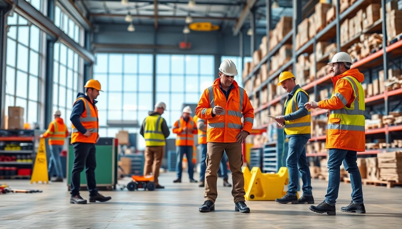 Portwest Arbeitskleidung showcases high-visibility jackets and safety gear worn by workers in an industrial setting.