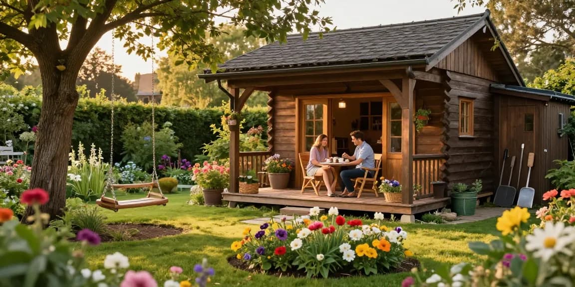 Gartenhaus umgeben von bunten Blumen und grünem Garten, ein Paar genießt Nachmittagstee auf der Veranda.