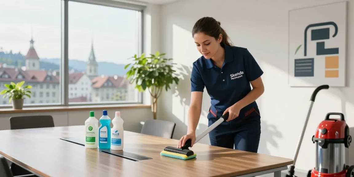 Detailed office cleaning scene showcasing professional unterhaltsreinigung bern task with eco-friendly supplies and a bright workspace.