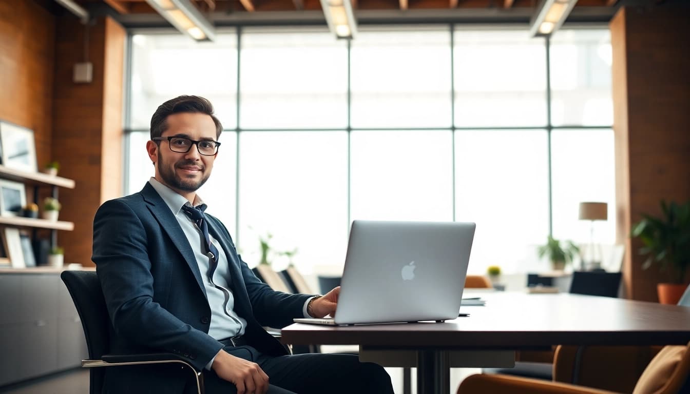 Headhunter Schweiz im modernen Büro, korrekt gekleidet, mit Laptop und energetischer Ausstrahlung.