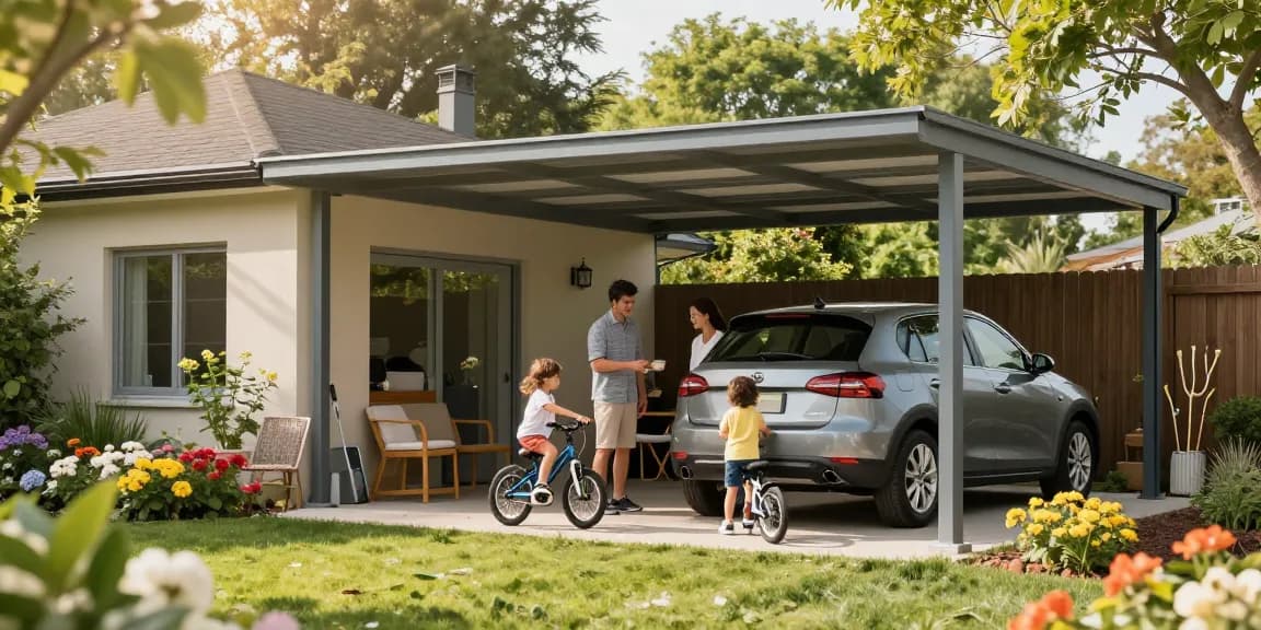 Moderne Carport-Installation mit spielenden Kindern im Garten und Familie, die Zeit miteinander verbringen.