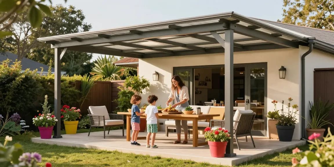 Freistehende Terrassenüberdachung im Garten mit glücklicher Familie, sonnige Atmosphäre und einladendes Design