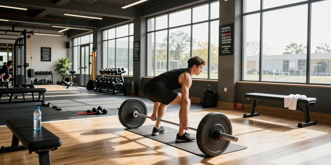 Global Pharma Steroid Shop, sportliche Person beim Deadlift-Training in modernem Fitnessstudio unter motivierender Atmosphäre.