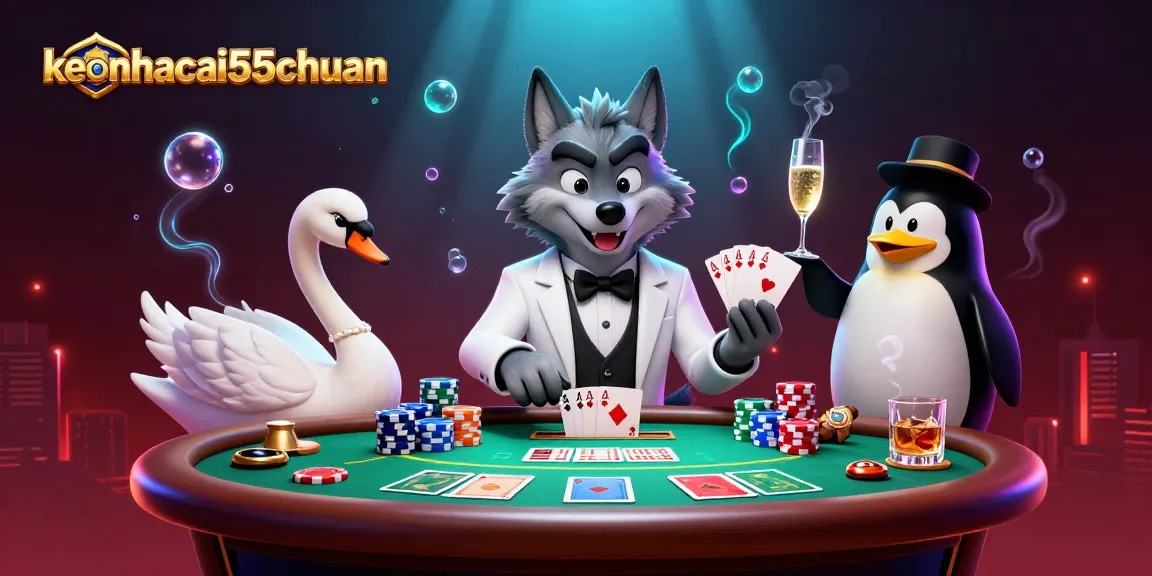 Engage with keonhacai55chuan at a vibrant casino scene with cartoon wolf, swan, and penguin.