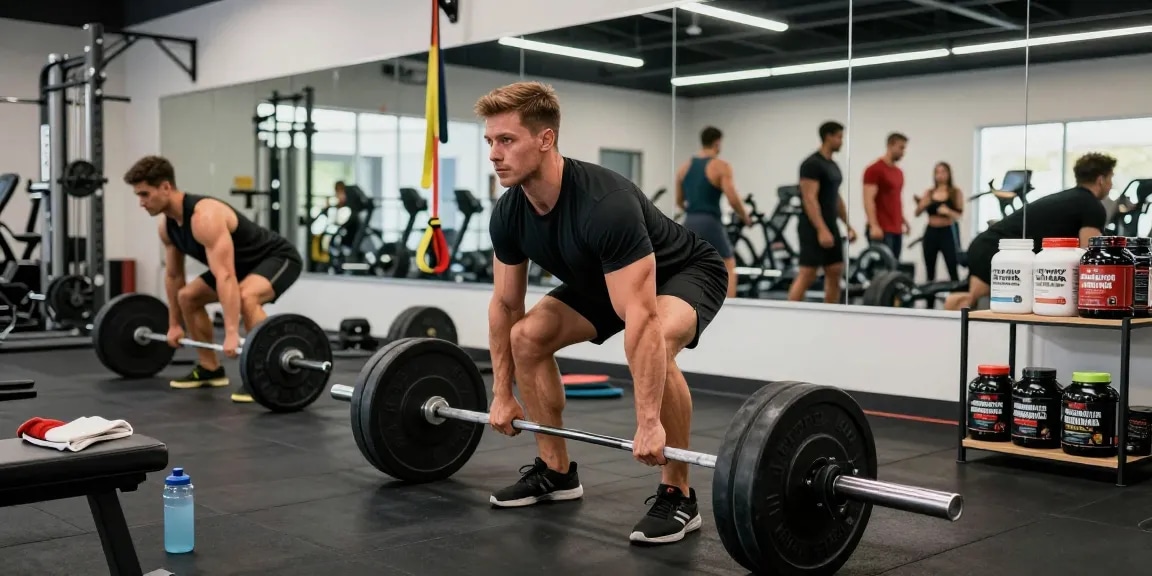 Anabolika Shop: Bodybuilder im Fitnessstudio beim Deadlift, umgeben von Gewichten und Proteinpräparaten.