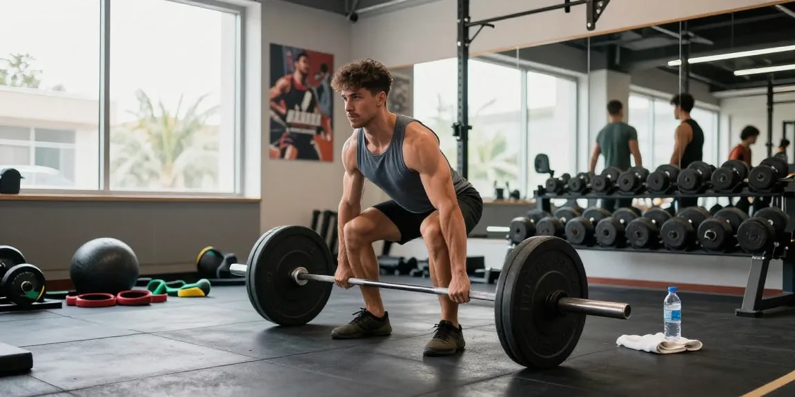 Bodybuilder im Steroid Shop Deutschland trainiert intensiv im modernen Fitnesscenter.