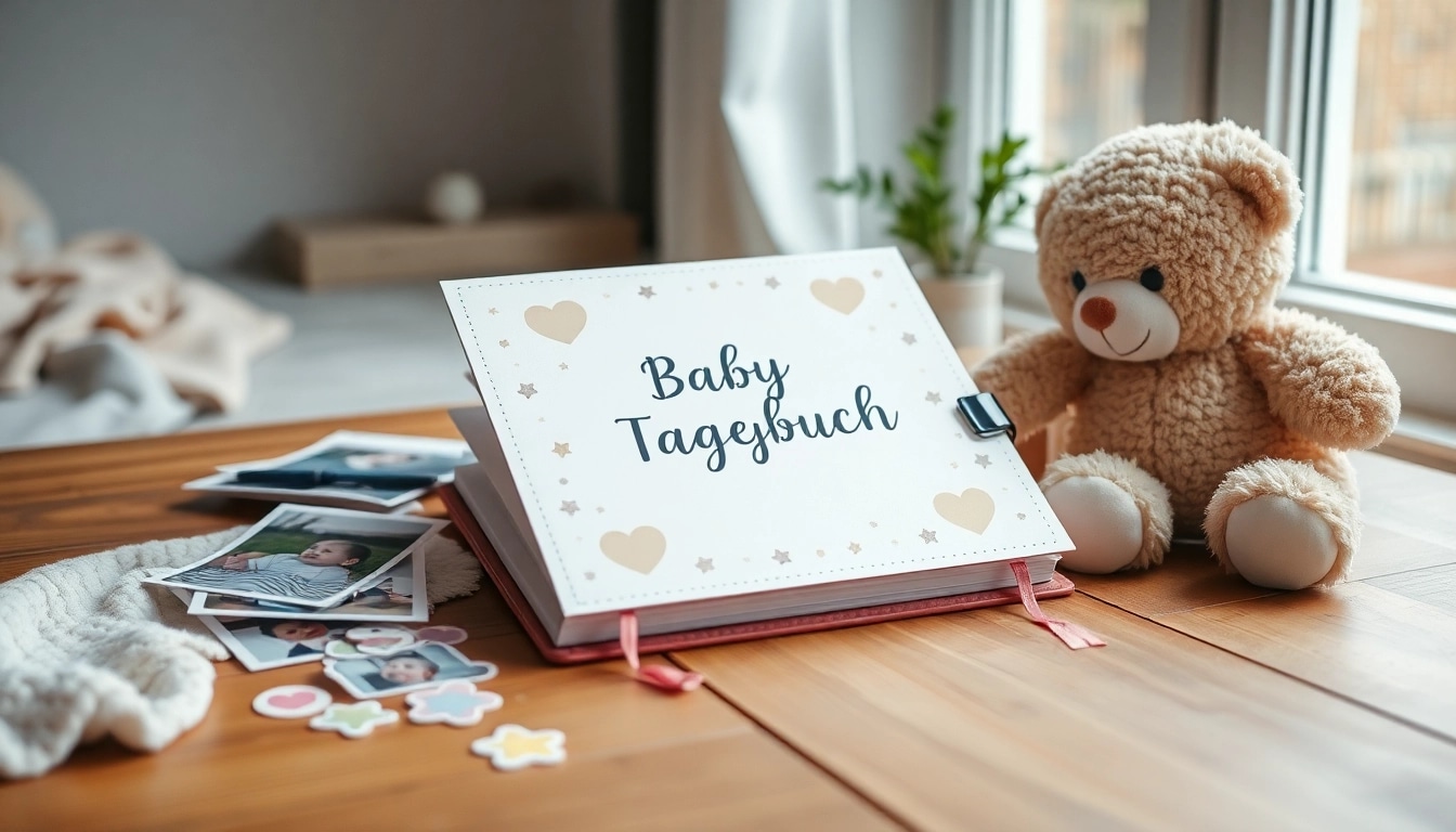 Baby Tagebuch auf einem Tisch mit Fotos, Aufklebern und einem Plüschtier dekoriert