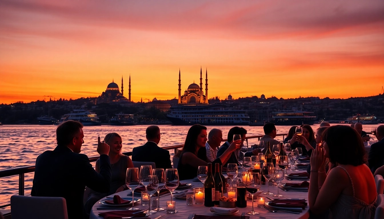 Bosphorus dinner cruise with elegantly dressed diners enjoying the view of Istanbul's skyline.
