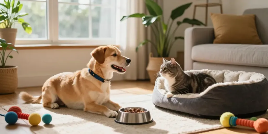 Zubehör für Haustiere in einer warmen Wohnatmosphäre mit Hund und Katze, Spielzeug und Futterbehältern.
