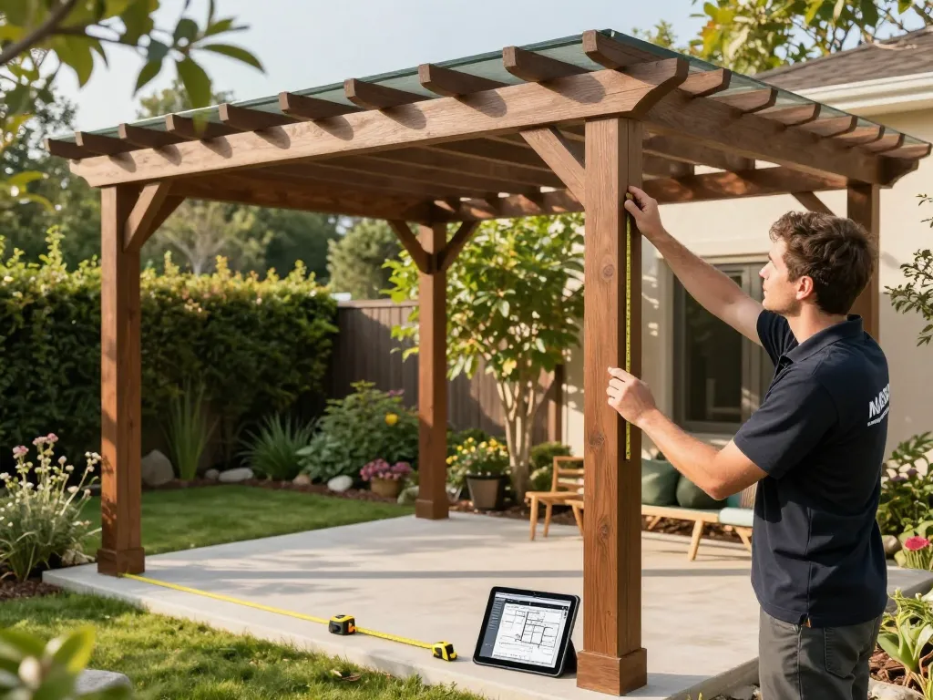 Experte für Pergola-Installationen nutzt Software für Pergola-Installateure, um eine schöne Außenstruktur in einer ruhigen Gartenumgebung anzupassen.