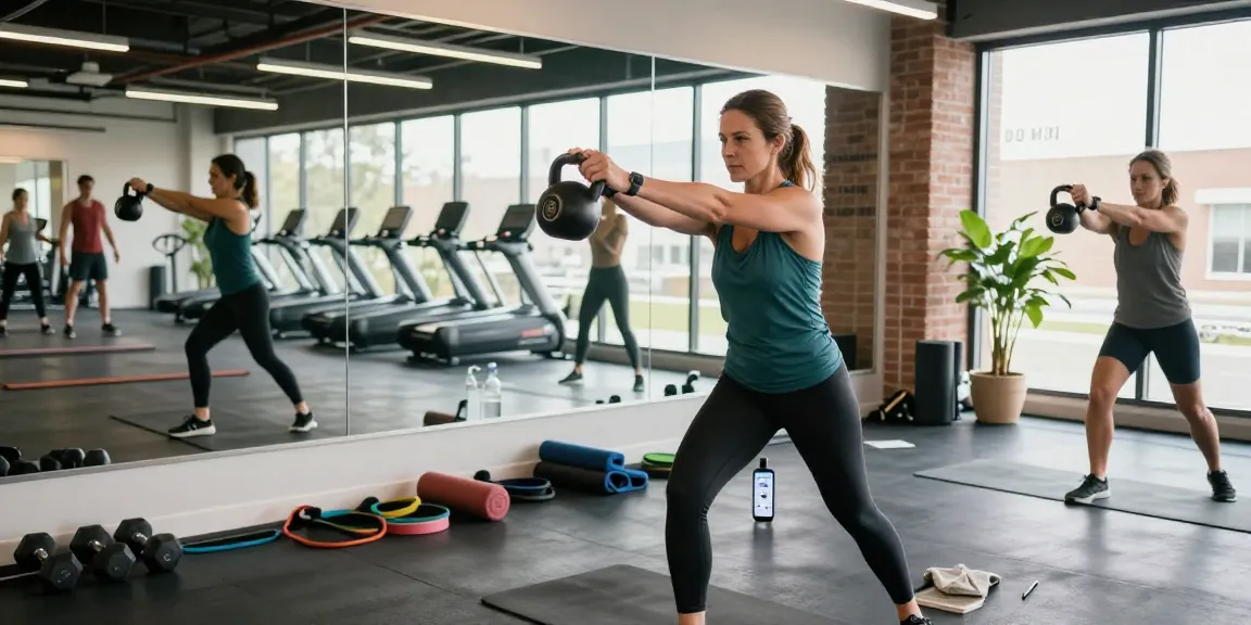Authentisches Fitness-Training im Selliza Shop mit sportlicher Frau, die Kettlebell-Schwünge ausführt.
