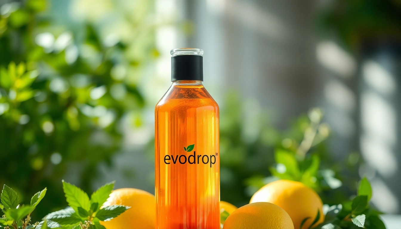 Erleben Sie evodrop Erfahrung mit einer eleganten Glasflasche, gefüllt mit frischen, lebendigen Flüssigkeiten.