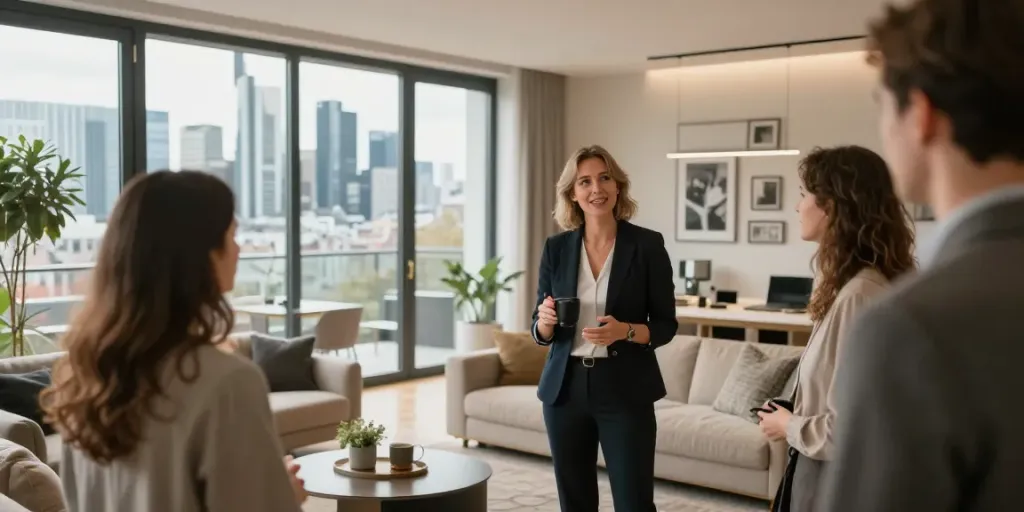 Bester Immobilienmakler Frankfurt präsentiert eine stilvolle Wohnungstour mit Kunden.