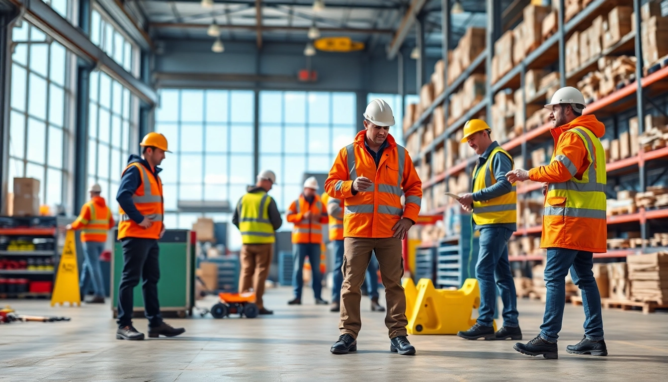 Portwest Arbeitskleidung showcases high-visibility jackets and safety gear worn by workers in an industrial setting.