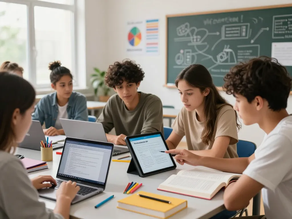 Schüler nutzen die Hausaufgaben Scanner-App in einem hellen Klassenzimmer, um das gemeinsame Lernen zu verbessern.