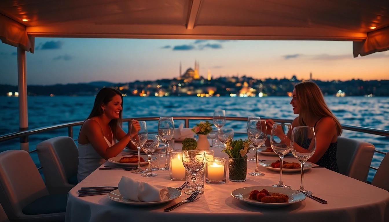 Bosphorus dinner cruise with stunning city views and elegant dining setup at sunset.