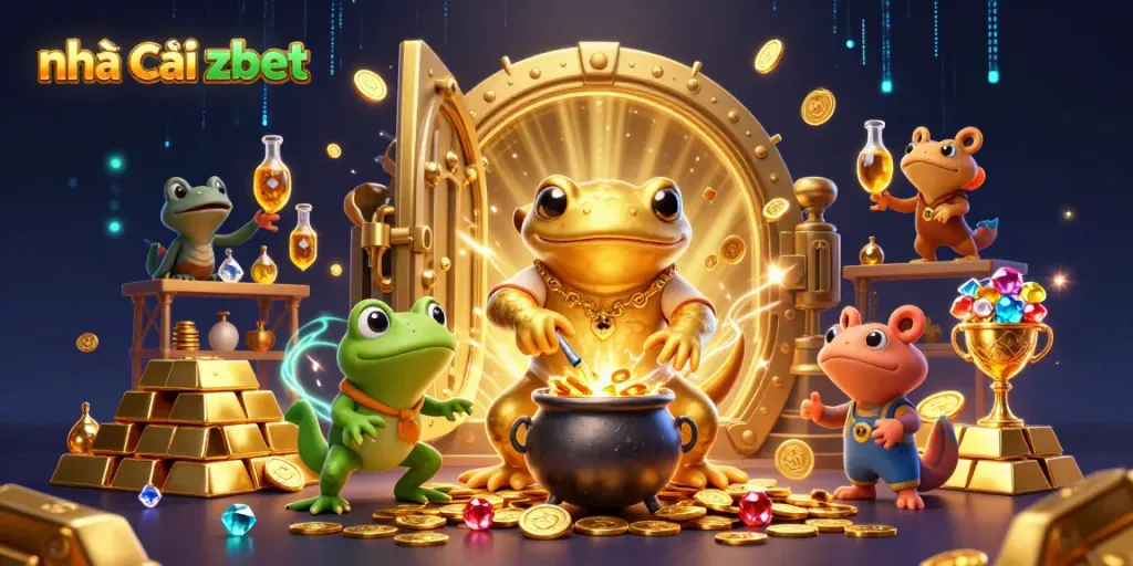 Experience Nhà cái zbet with a vibrant scene of a golden alchemist and treasures in a magical casino environment.