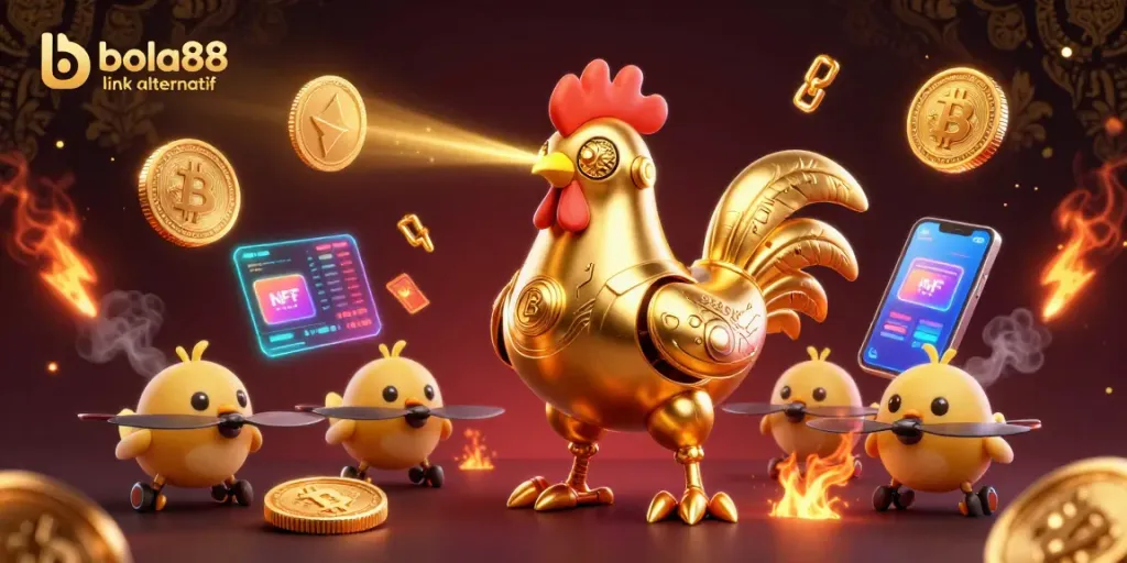 Engage with bola88 link alternatif in an exhilarating 3D illustration showcasing vibrant crypto-themed gambling elements.