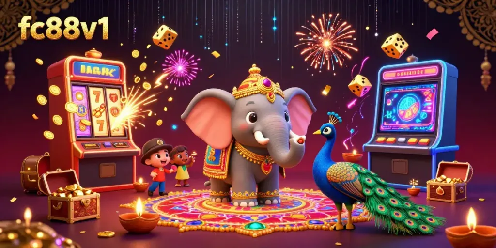 Experience the vibrant fc88v1 casino scene with a colorful Diwali elephant, rich jackpots, and gaming excitement.