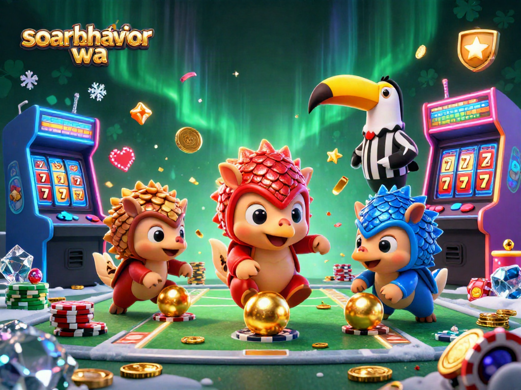 Engage with vibrant 3D characters in this soarbehaviorwa casino scene, featuring pangolins bowling poker chips.