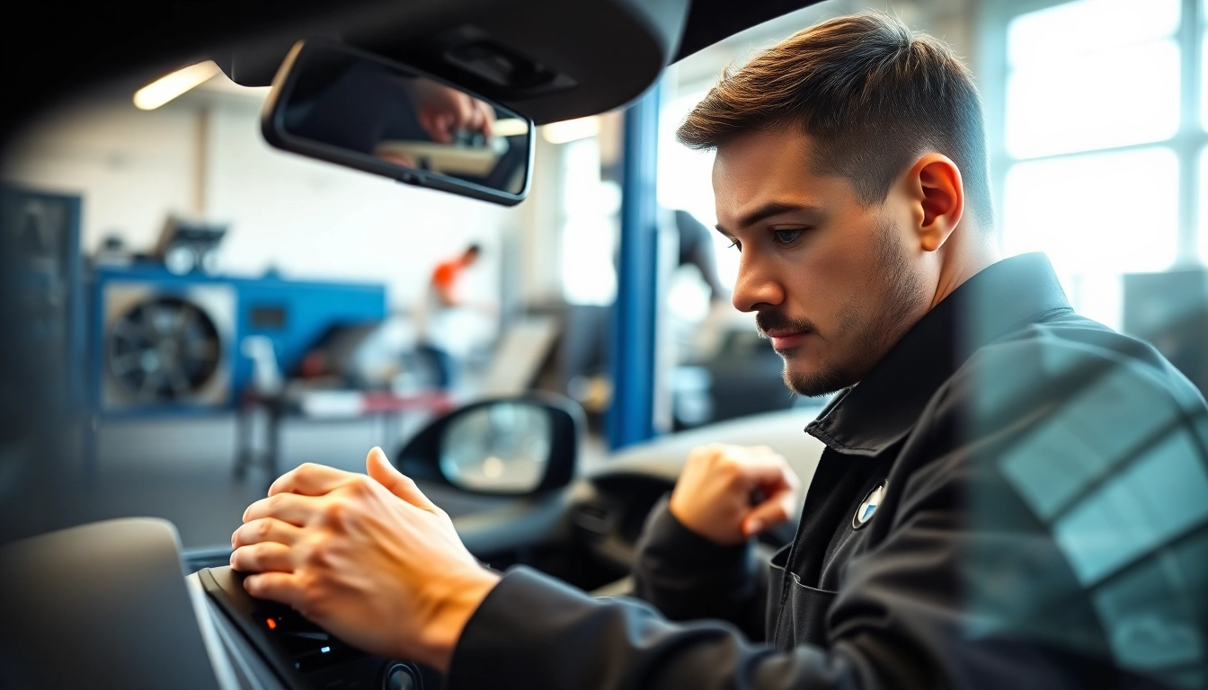 BMW Nachrüstung: Techniker analysiert Fahrzeug-Diagnose im modernen Werkstattumfeld.