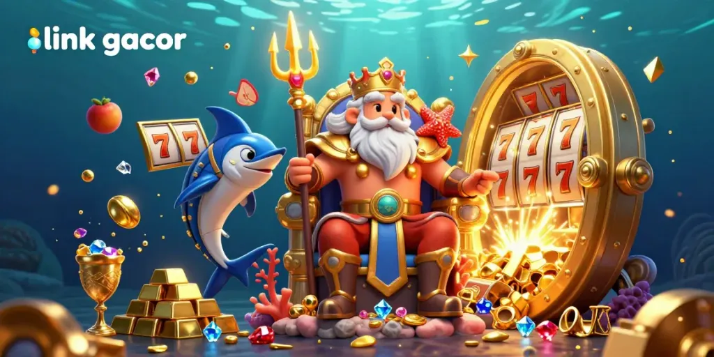 Experience winning thrills with link gacor, featuring Neptune promoting jackpot slots in a vibrant underwater scene.