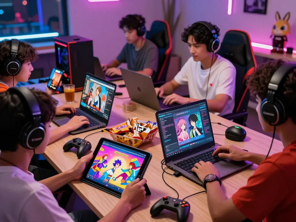 A lively gaming scene showcasing players enjoying diverse sexgames on tablets, laptops, and mobiles, with colorful animated interfaces and interactive elements.