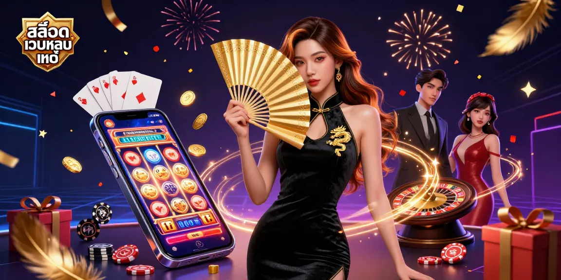 Win big with สล็อตเว็บตรงแท้ as a captivating Asian woman with a fan stands amidst dynamic casino elements.