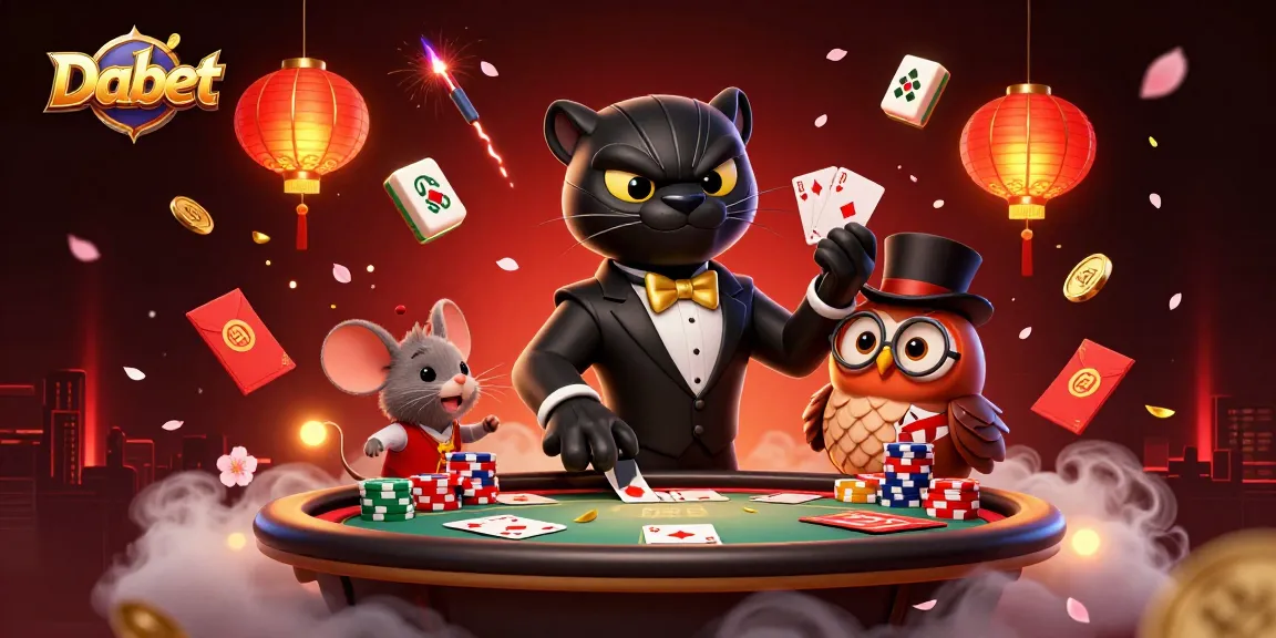 Dabet show gamblers excitement as a tuxedoed panther deals cards at a vibrant casino scene.
