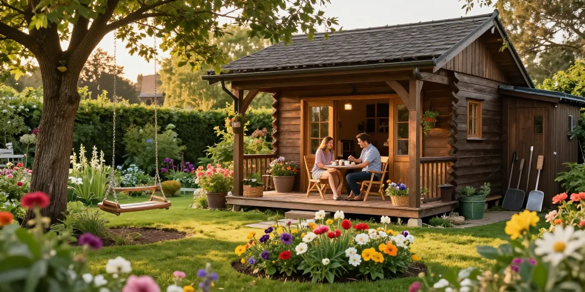 Gartenhaus umgeben von bunten Blumen und grünem Garten, ein Paar genießt Nachmittagstee auf der Veranda.