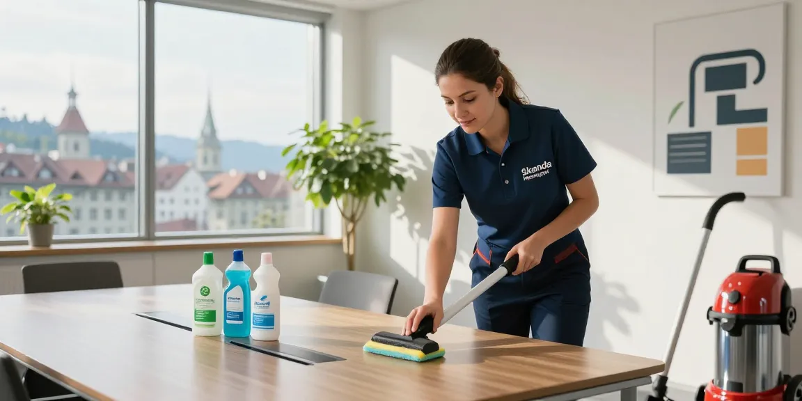 Detailed office cleaning scene showcasing professional unterhaltsreinigung bern task with eco-friendly supplies and a bright workspace.