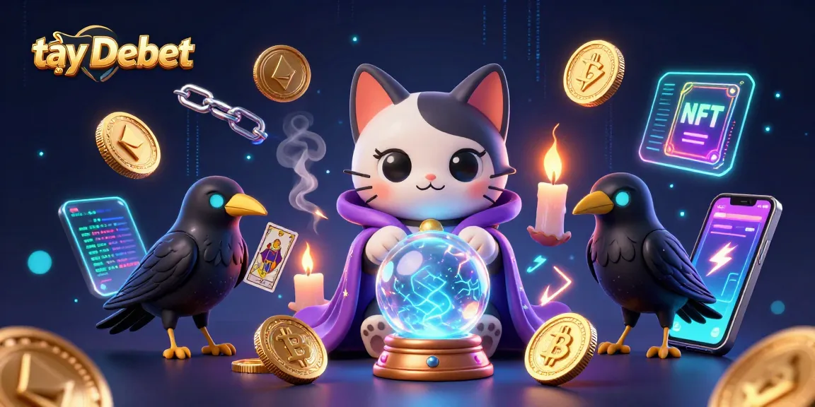 Experience thrilling wins at tại Debet with a vibrant 3D illustration showcasing fortune teller and cryptocurrency elements.