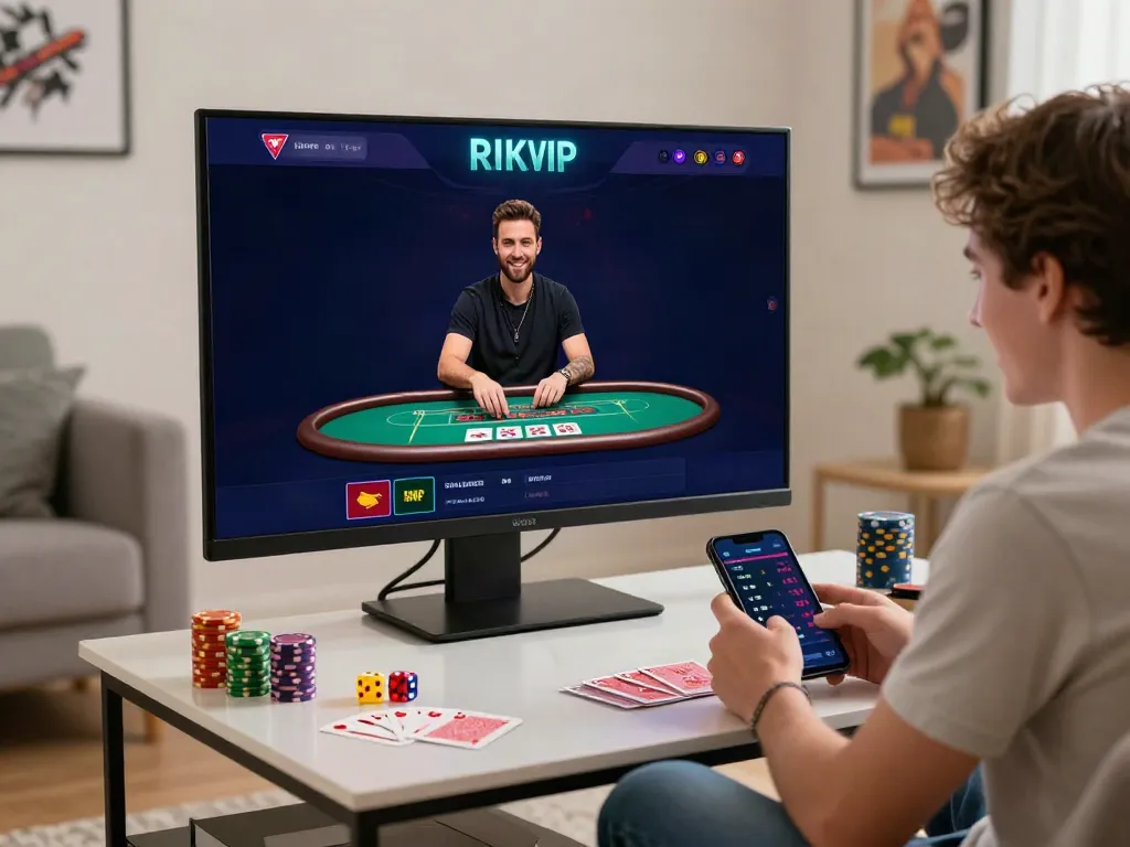 Player engaging with RIKVIP online gaming platform at home, showcasing vibrant gaming atmosphere.