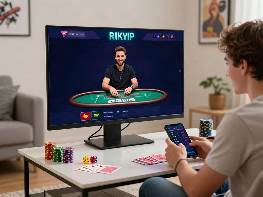 Player engaging with RIKVIP online gaming platform at home, showcasing vibrant gaming atmosphere.