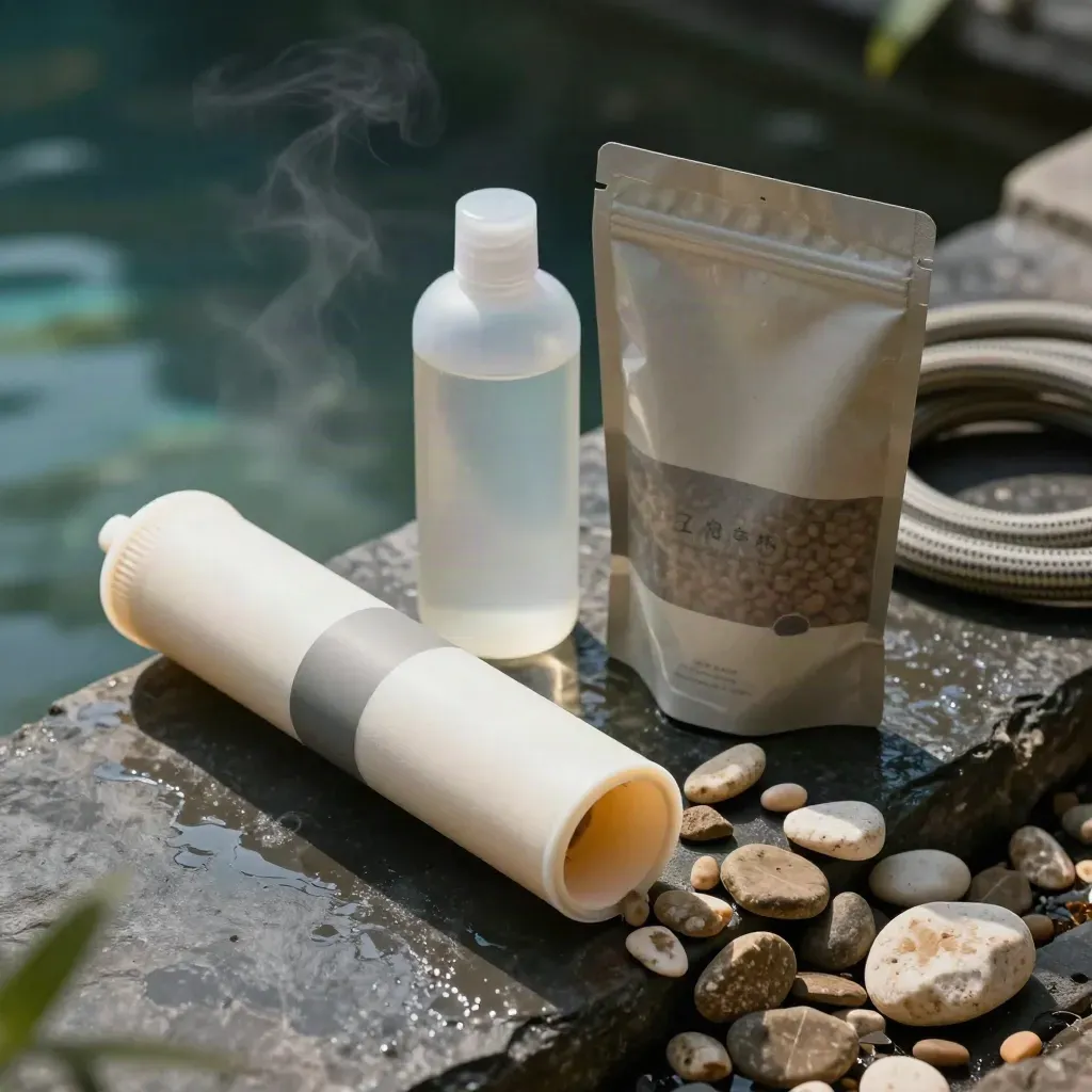 Starter-Set für klare Teiche mit Filterkartusche, Pflegemittel und Koifutter auf dunklem Schiefer