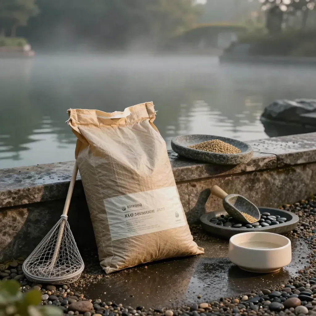 Koi-Futtersack mit Netz, Schaufel und Wasserschale am nassen Teichrand im Morgenlicht
