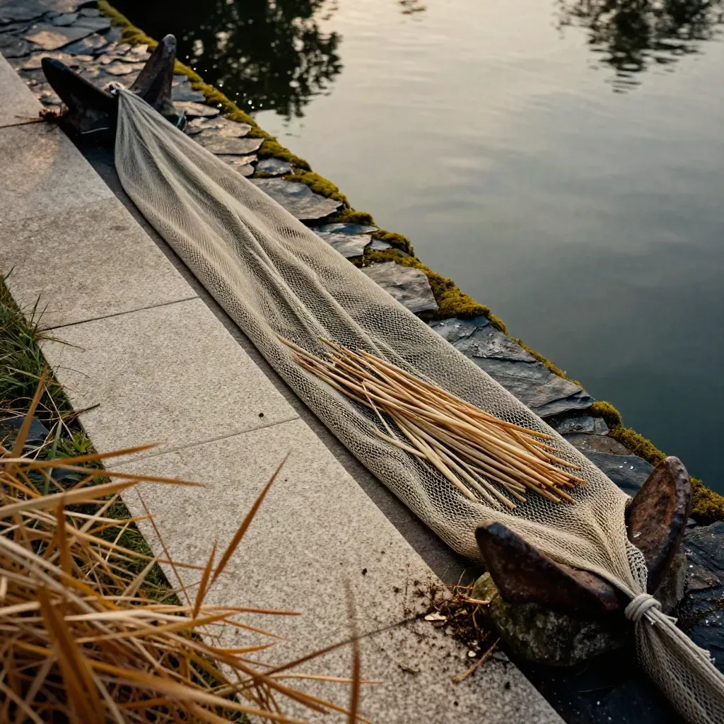 Laubschutznetz über dem Teich mit Steinen, Zweig und Schilfbund im Wind.