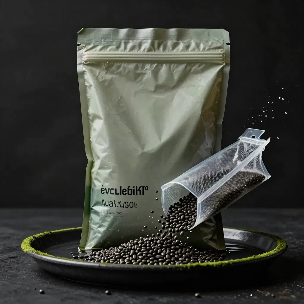 K1-Media-Beutel mit Netzsieb und Bio-Medien, aus einem dunklen Becken spritzend.