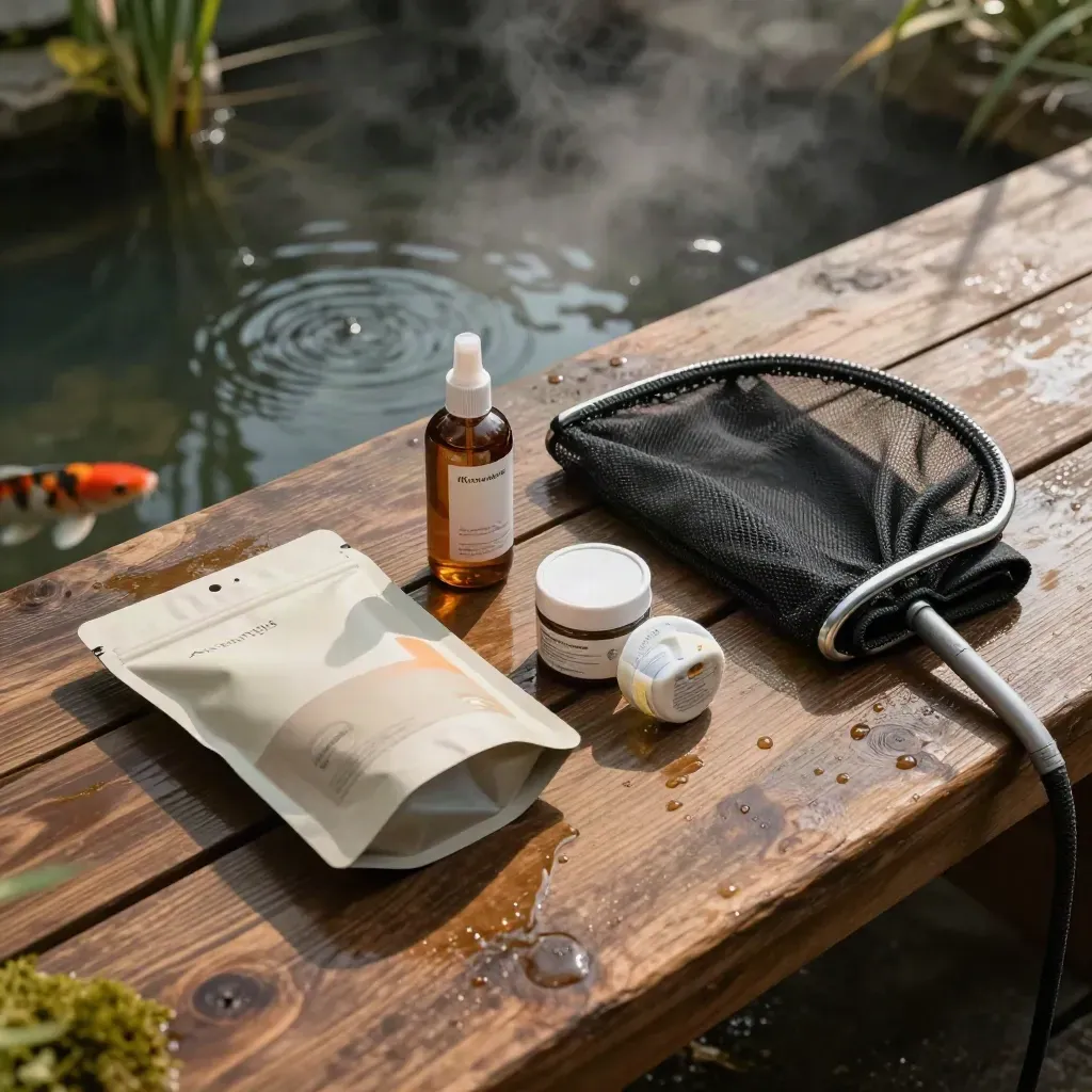 Teichpflege-Set mit Futter, Bakterien und Wasserpflege am Koiteich
