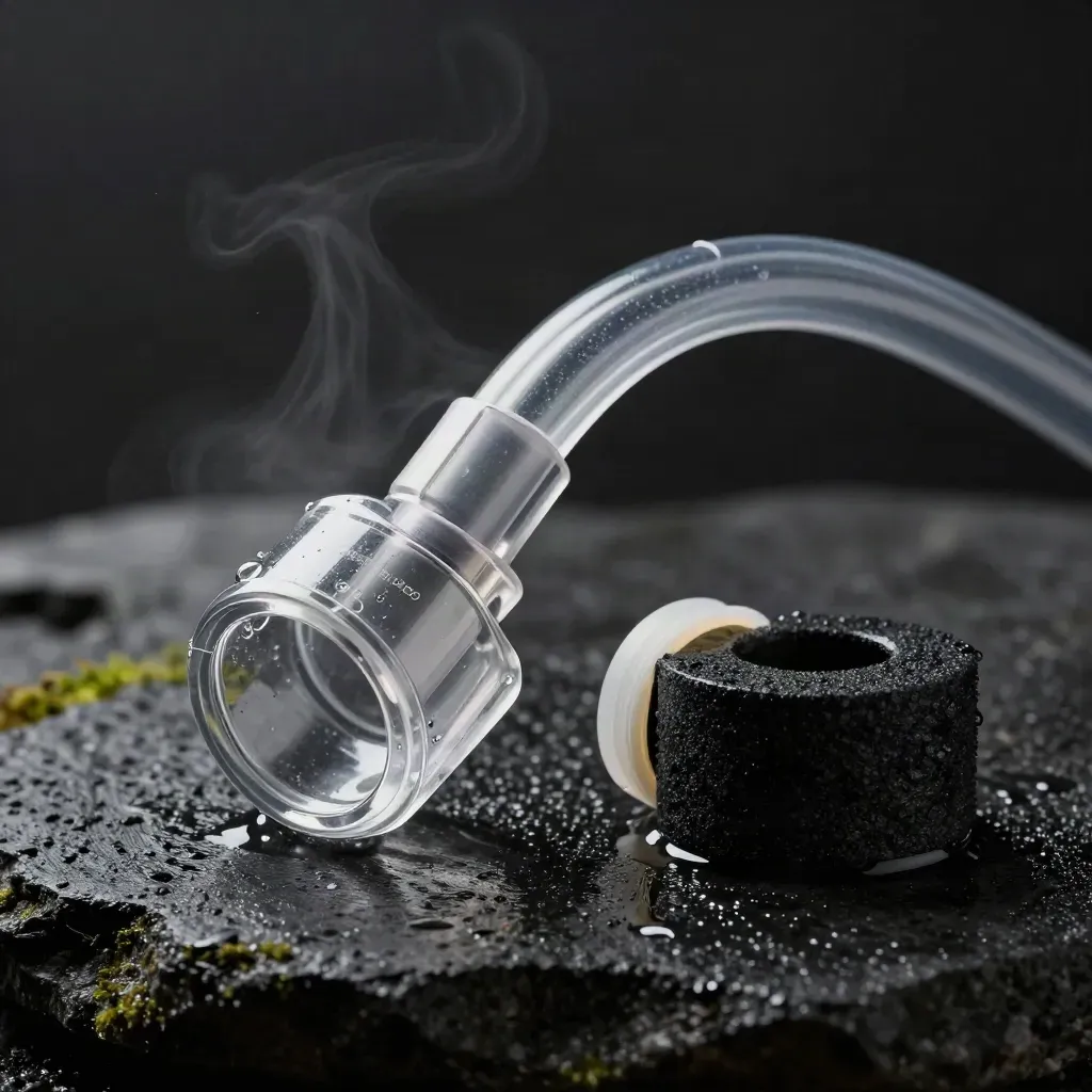 Makro des FiltoClear-Filtergehäuses mit Schlauch, Ring und nassem Stein im Schatten