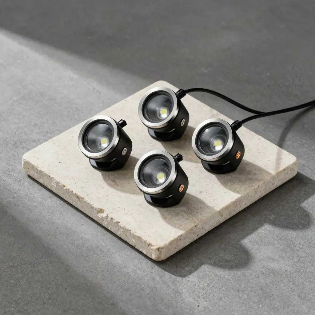 Drei Teich-LED-Spots mit Kabelschleife und Steinschale auf grauem Beton