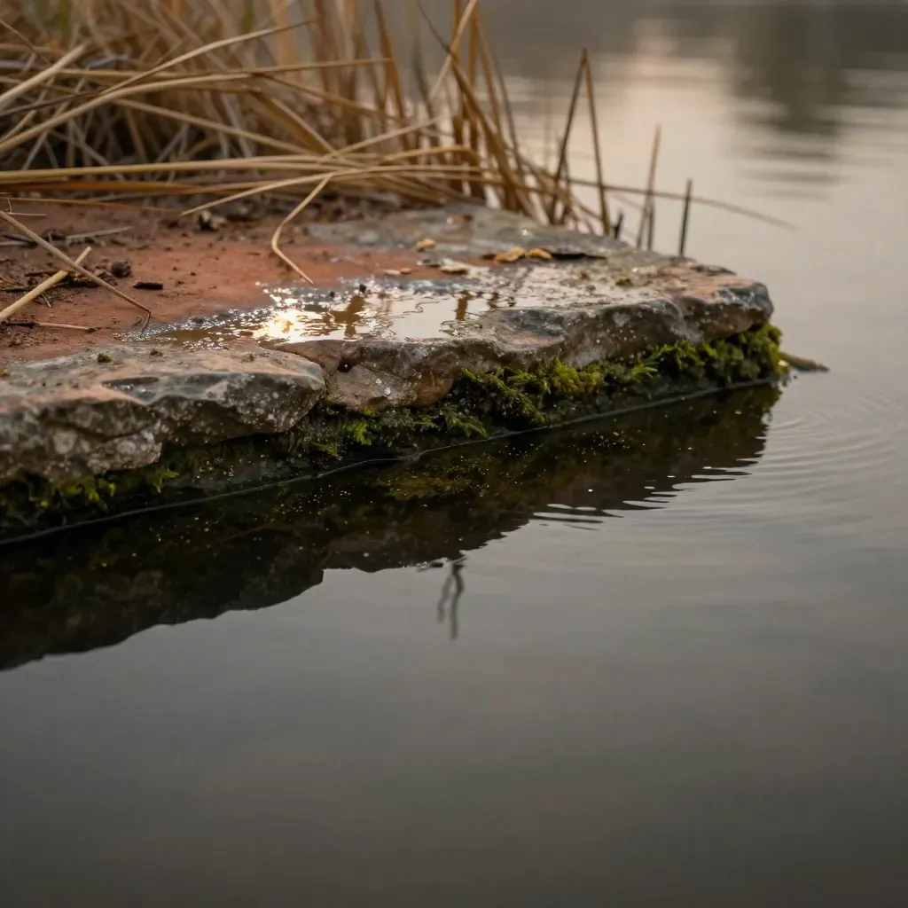 Ufernaher Teich mit Schilf, Steinsims und ruhigen Wasserwellen im Abendlicht