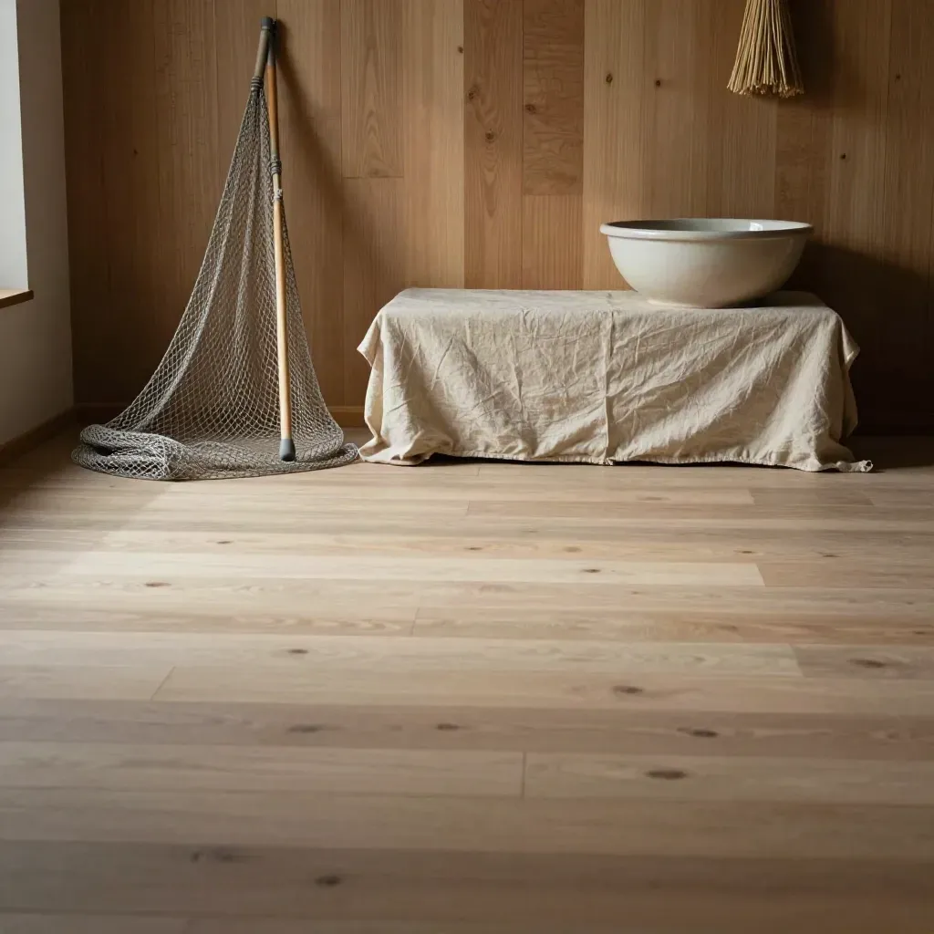 Innenraum mit Kescher, Koi-Netzen, Holzwand, Leinentuch und Keramikschale