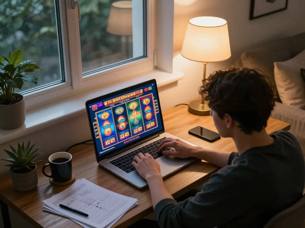 Engaged player using laptop for sc88e online gaming, displaying excitement of mobile casino experience.