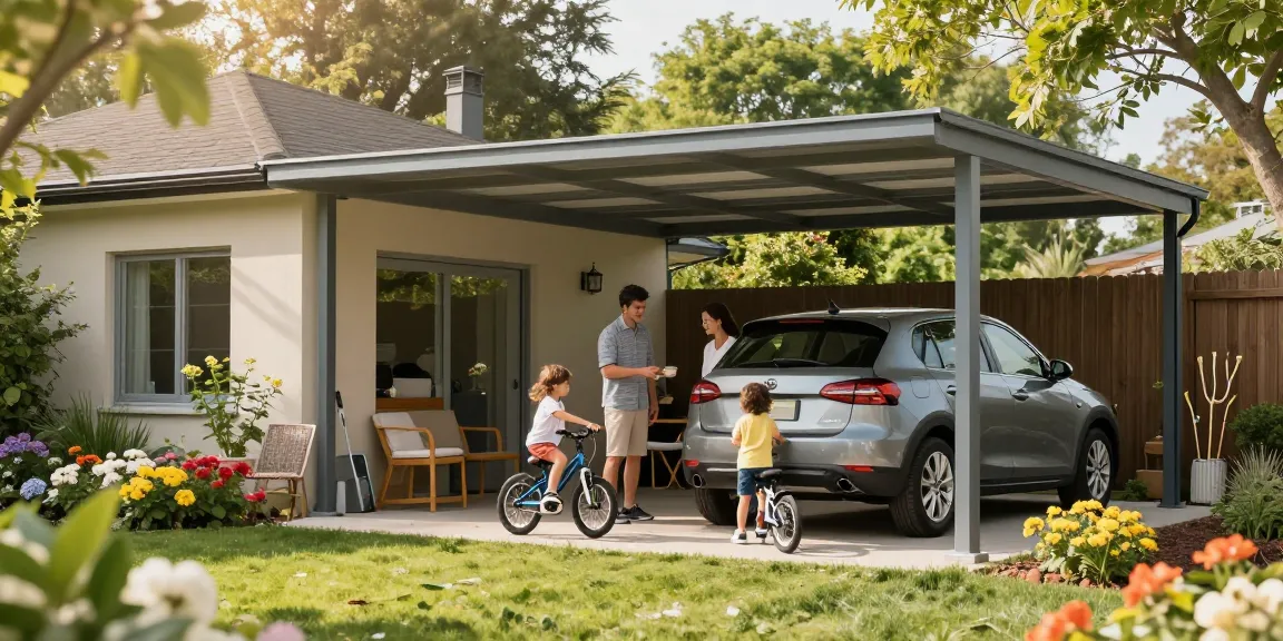Moderne Carport-Installation mit spielenden Kindern im Garten und Familie, die Zeit miteinander verbringen.