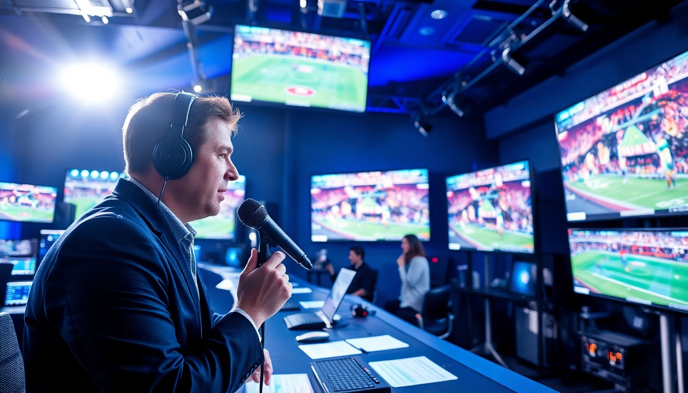 Engaging sports broadcasting studio with a passionate broadcaster and live game displays.