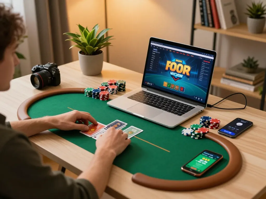 Player at home engaging in online poker at nhà cái SC88 with vibrant setup and strategic atmosphere