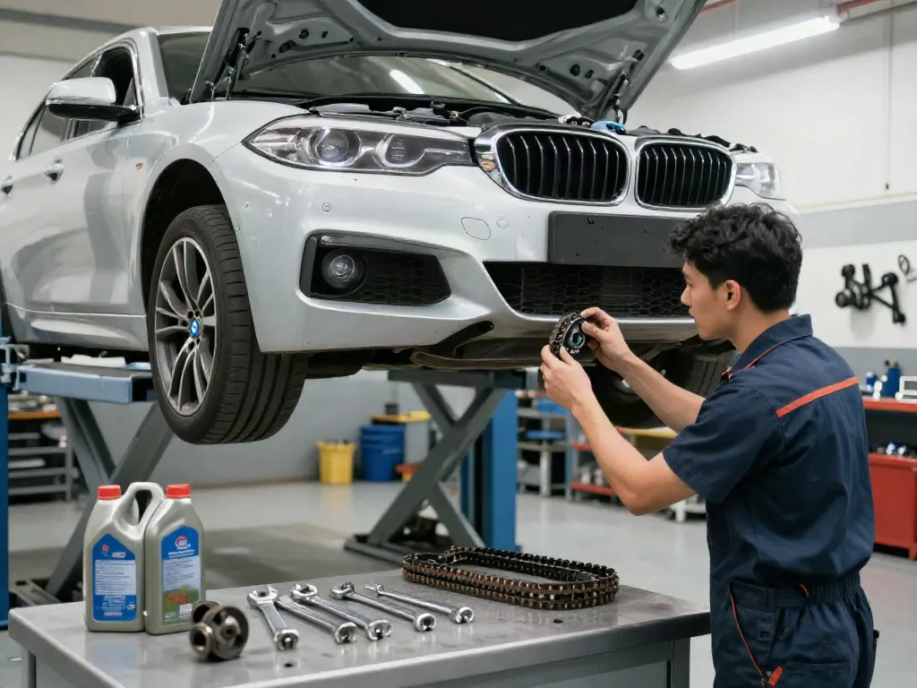 Mechaniker überprüft die Steuerkette bei einem BMW, während er im Werkstattbereich arbeitet.